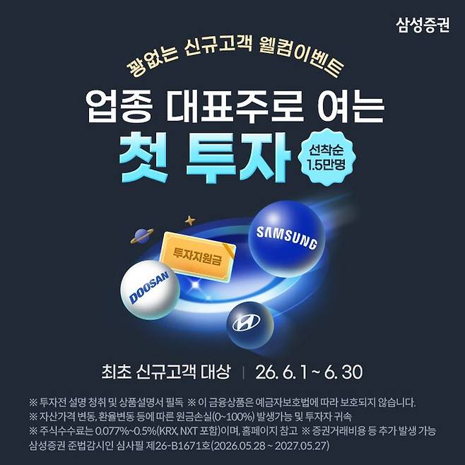 삼성증권은 2일 신규 고객을 대상으로 주식 또는 투자지원금 2만원을 지급하는 '업종 대표주로 여는 첫 투자' 이벤트를 오는 30일까지 진행한다고 전했다. ⓒ삼성증권