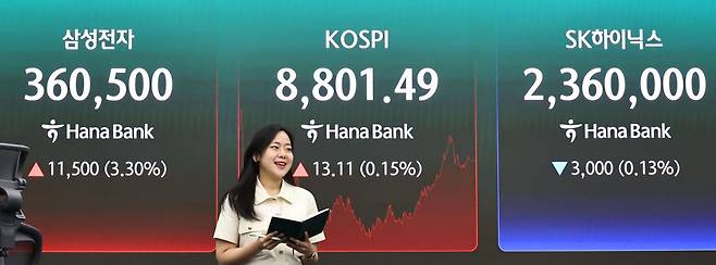 2일 서울 중구 하나은행 딜링룸 현황판에 코스피 등이 표시되고 있다. 이날 코스피는 전 거래일 대비 13.11포인트(0.15%) 오른 8,801.49에, 코스닥은 24.00포인트(2.29%) 내린 1,026.03에 장을 마감했다. 연합뉴스
