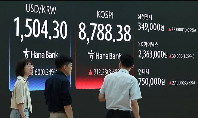 코스피가 전장보다 312.23포인트(3.68%) 오른 8,788.38에 장을 마치며 종가 기준 사상 최고치를 경신한 1일 서울 하나은행 본점 딜링룸에서 딜러들이 휴식을 취하고 있다. 연합뉴스