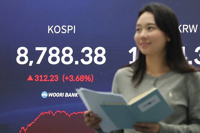 1일 서울 중구 우리은행 본점 딜링룸 현황판에 코스피가 표시돼 있다. 이날 코스피는 전 거래일 대비 312.23p(3.68%) 오른 8788.38로 마감하며 다시 한번 사상 최고치를 경신했다. 연합뉴스