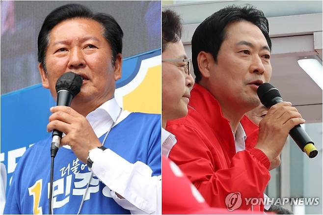 6·3 지방선거 D-1, 막판 표심 잡기 나선 정청래·장동혁 위원장 (영월·청양=연합뉴스) 양지웅 이동해 기자 = 더불어민주당 정청래 총괄상임선거대책위원장(왼쪽)이 2일 강원 영월군 영월읍 농협사거리에서 지지를 호소하고 있는 모습과 국민의힘 장동혁 상임선거대책위원장이 6·3 지방선거 본투표를 하루 앞둔 2일 충남 청양축협 앞에서 지지를 호소하고 있는 모습. 2026.6.2 yangdoo@yna.co.kr eastsea@yna.co.kr
