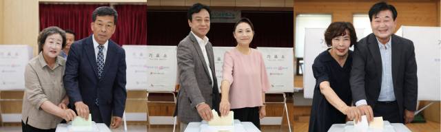 3일 오전 경북 봉화군수 후보들이 지정된 투표소를 찾아 투표를 진행하고 있다. 왼쪽부터 더불어민주당 이상식 후보 부부와 국민의힘 최기영 후보 부부, 무소속 박만우 후보 부부. 후보자 사무소 제공