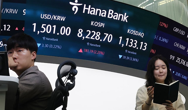 지난 5월 27일 서울 중구 하나은행 본점 딜링룸 현황판에 원·달러 환율, 코스피, 코스닥 지수가 표시돼 있다.ⓒ연합뉴스