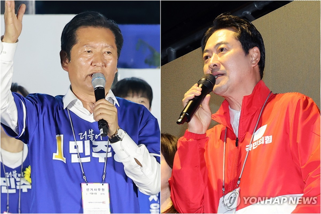 (왼쪽부터) 정청래 더불어민주당 총괄상임선거대책위원장과 장동혁 국민의힘 상임선거대책위원장. 연합뉴스