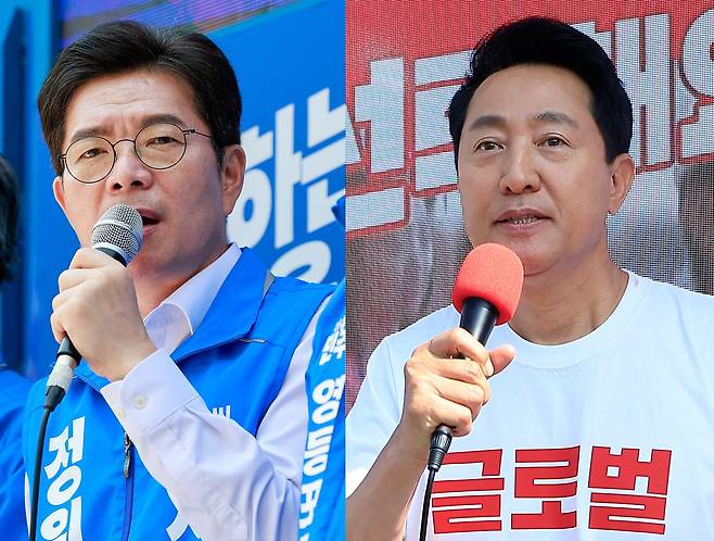 정원오 더불어민주당(왼쪽), 오세훈 국민의힘 서울시장 후보가 6ㆍ3지방선거를 하루 앞둔 지난 2일 각각 서울 영등포구, 용산구 일대에서 시민들에게 지지를 호소하고 있던 모습. 뉴스1