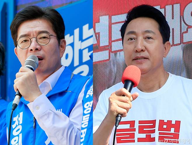 (서울=뉴스1) 안은나 기자,박정호 기자 = 정원오 더불어민주당(왼쪽), 오세훈 국민의힘 서울시장 후보가 6·3지방선거를 하루 앞둔 2일 각각 서울 영등포구, 용산구 일대에서 시민들에게 지지를 호소하고 있다. 2026.6.2/뉴스1  Copyright (C) 뉴스1. All rights reserved. 무단 전재 및 재배포,  AI학습 이용 금지. /사진=(서울=뉴스1) 안은나 기자,박정호 기자