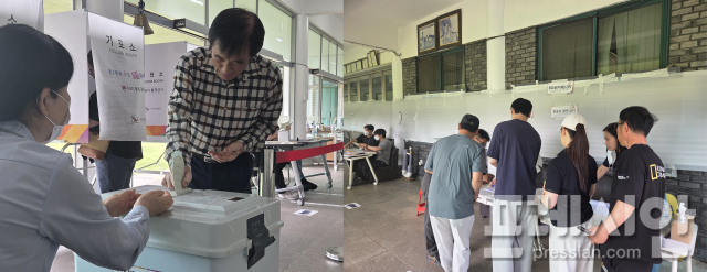▲3일 오전 광주 광산구 어룡동 제3투표소인 광주송무정에 유권자들이 투표하고 있다. 2026.6.3 ⓒ프레시안(강병석)