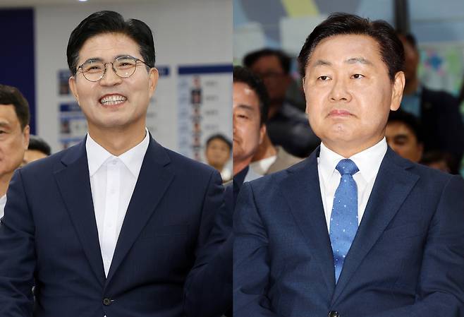 더불어민주당 이원택(왼쪽)·무소속 김관영 전북자치도지사 후보가 3일 제9회 전국동시지방선거 출구조사 결과를 각각 지켜보고 있다.&nbsp; &nbsp;연합뉴스
