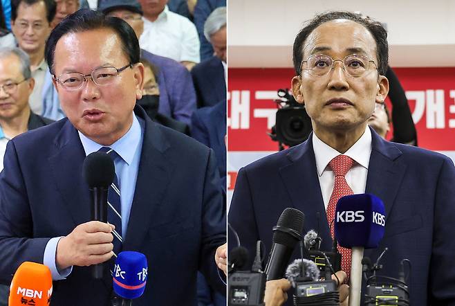 3일 김부겸 더불어민주당 대구시장 후보와 추경호 국민의힘 대구시장 후보가 대구에서 출구조사 확인 후 취재진 질문에 답하고 있다. 뉴시스