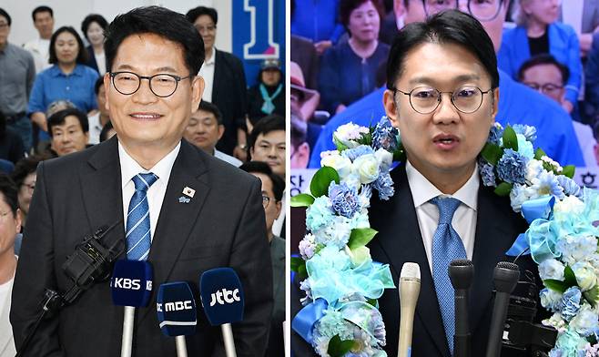 ▲ 4일 오전 연수갑 국회의원 재·보궐선거에서 당선이 확실시된 송영길 더불어민주당 후보(왼쪽)와 계양을 국회의원 재·보궐선거에서 당선이 확실시된 김남준 더불어민주당 후보(오른쪽)가 각각 선거캠프에서 당선 소감을 밝히고 있다. /양진수 ·이재민기자 photosmith@incheonilbo.com