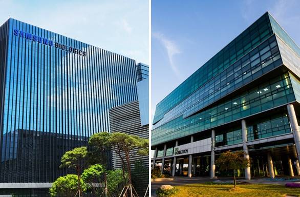 삼성바이오로직스 4공장(왼쪽)과 셀트리온 사옥.(사진제공=각사)