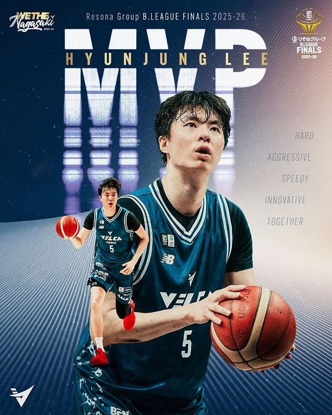 26일 B.리그 파이널 3차전서 23점을 몰아치며 팀의 통합 우승을 이끈 나가사키 이현중. 그는 PO 기간 최고의 선수를 의미하는 챔피언십 MVP로 선정됐다. 사진=나가사키 SNS
