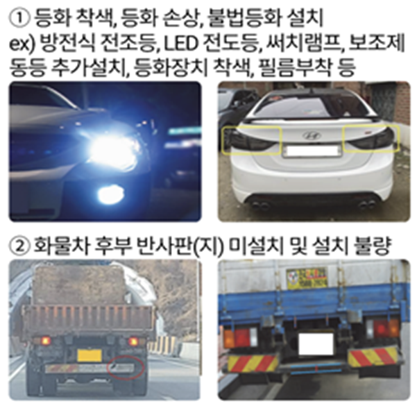 국토교통부는 행정안전부, 경찰청 등과 함께 도로안전을 위협하는 불법자동차 일제 단속을 8일부터 7월 10일까지 실시한다. 사진은 불법자동차 사례.