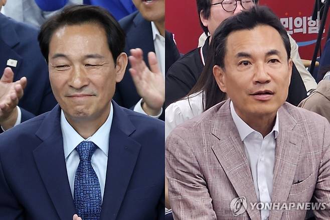 출구조사 결과 지켜보는 우상호·김진태 강원지사 후보 (춘천=연합뉴스) 양지웅 이재현 기자 = 3일 더불어민주당 우상호 강원특별자치도지사 후보(왼쪽)가 춘천시 더불어민주당 강원도당에서 출구조사 결과를 확인하고 있는 모습과 국민의힘 김진태 강원특별자치도지사 후보가 춘천시 국민의힘 강원도당에서 출구조사 결과를 지켜보고 있는 모습. 2026.6.3 [촬영 양지웅 이재현] yangdoo@yna.co.kr jlee@yna.co.kr