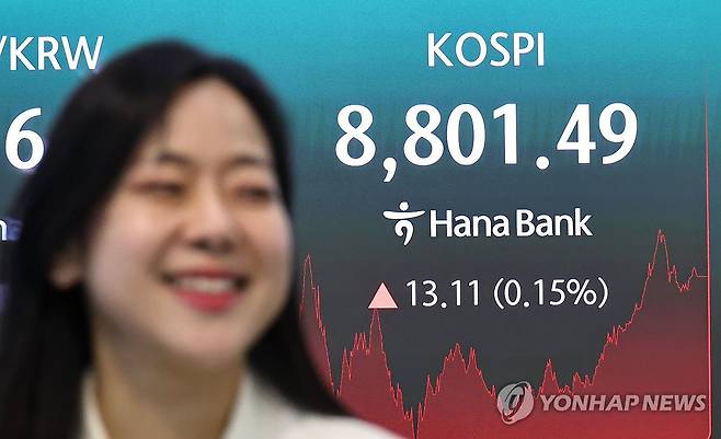 서울 중구 하나은행 딜링룸 현황판의 코스피 [연합뉴스 자료사진. 재판매 및 DB 금지]