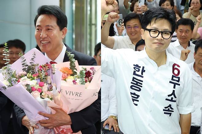 오세훈 서울시장(왼쪽)과 한동훈 부산 북갑 국회의원 당선인 (서울·부산=연합뉴스) 이지은 손형주 기자 2026.6.4 [공동 취재] jieunlee@yna.co.kr handbrother@yna.co.kr