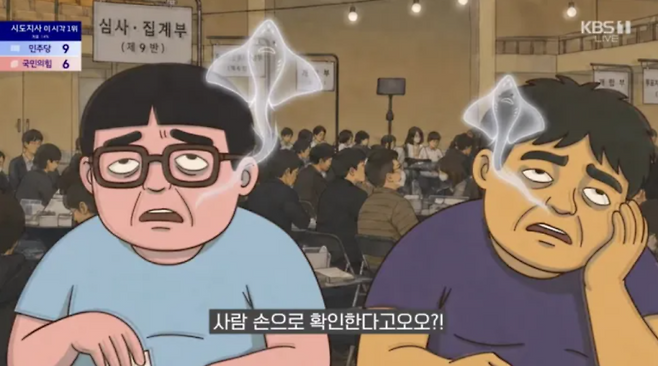 ▲ 중앙선관위의 개표 참관인 홍보 영상 후반부에 캐릭터가 한숨을 쉬는 장면에서 특정 온라인 커뮤니티의 비하 상징인 홍어 모양의 그래픽이 노출됐다 [KBS 개표방송 화면]&nbsp;&nbsp;