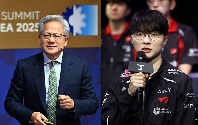 [서울=뉴시스] 젠슨 황 엔비디아 최고경영자(CEO, 왼쪽)와 리그 오브 레전드(LoL) 프로게이머 '페이커' 이상혁. (사진=뉴시스 DB) *재판매 및 DB 금지
