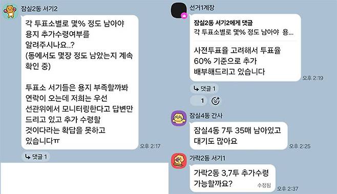 송파구와 선관위 공무원들이 참여한 단체대화방 내용. 전공노 제공