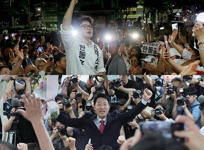 (위 사진)한동훈 무소속 부산 북갑 국회의원 보궐선거 후보가 6월4일 부산 북구 선거사무소에서 당선이 확정된 후 지지자에게 인사하고 있다. (아래 사진)6· 3 지방선거에서 서울시장 당선이 사실상 확정된 오세훈 국민의힘 후보가 6월4일 서울 종로구 대왕빌딩에 마련된 선거사무소에서 지지자들을 향해 인사하고 있다. ⓒ연합뉴스