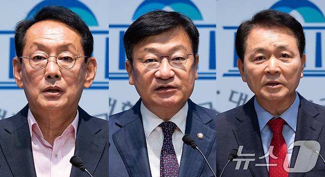 국민의힘 김도읍(왼쪽부터), 정점식, 성일종 의원이 5일 서울 여의도 국회 소통관에서 각각 원내대표 출마 선언 기자회견을 하고 있다. 2026.6.5 ⓒ 뉴스1 유승관 기자
