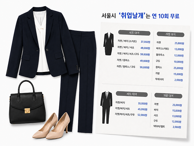 정장 대여 및 판매업체인 드림윙즈는 서울시 '취업날개'를 통해 취업을 준비하는 청년들에게 무료로 정장을 대여해 주고 있다. 이미지 속 가격표처럼 취업날개를 이용하지 않을 경우 비용을 지불해야 하는 만큼 무료 대여 서비스는 주머니 사정을 고민하는 청년들에게 인기있다. 사진은 드림윙즈의 가격 정책을 AI를 통해 이미지로 생성. /사진=챗GPT