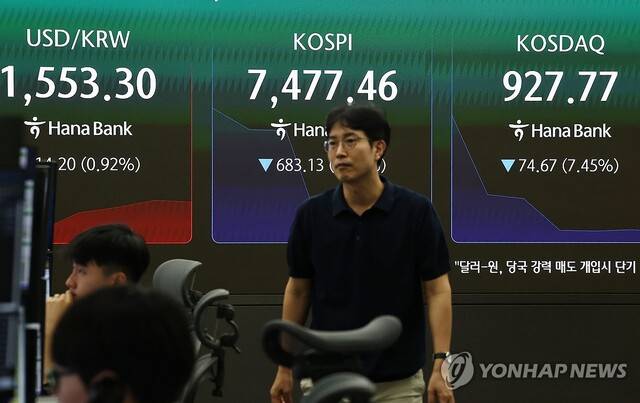 급락장에 코스피 서킷 브레이커가 발동된 8일 서울 하나은행 본점 딜링룸에서 딜러들이 업무를 보고 있다. 연합뉴스 제공