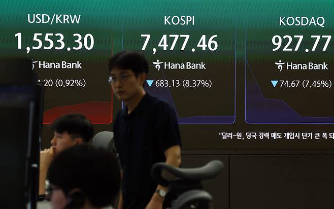 급락장에 코스피 서킷 브레이커가 발동된 8일 서울 하나은행 본점 딜링룸에서 딜러들이 업무를 보고 있다. 사진=연합뉴스
