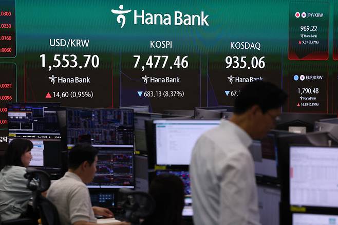 급락장에 코스피 서킷 브레이커가 발동된 8일 서울 하나은행 본점 딜링룸에서 딜러들이 업무를 보고 있다. 사진=연합뉴스