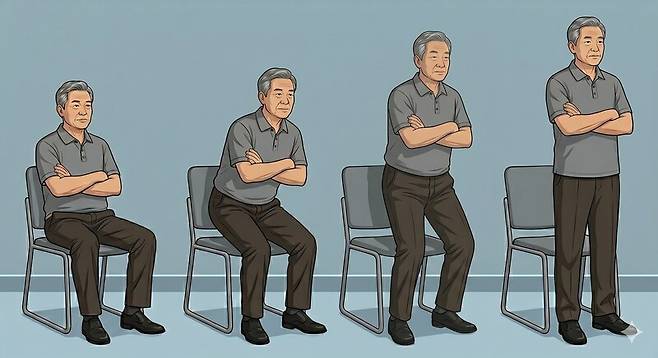 의자에서 일어나는 힘은 악력과 함께 노인층의 근력을 측정하는 유력한 건강 지표다. 생성형 인공지능 제미나이를 이용해 의자에서 일어나는 모습을 구분 동작으로 묘사한 그림.