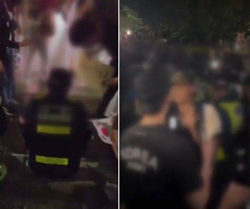 지난 6~7일 ‘잠실 개표소 봉쇄 시위’ 현장에서 일부 시민들이 경찰관들을 조롱하는 모습이 담긴 영상. 사진 스레드 캡처