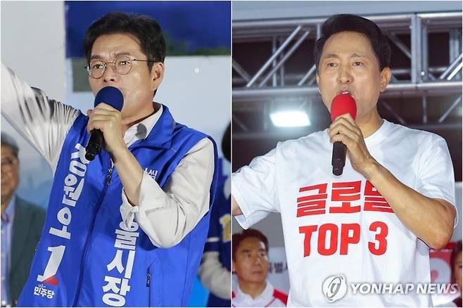 6·3 지방선거를 하루 앞둔 지난 2일 서울 청계광장에서 마지막 유세를 하며 연설하고 있는 정원오 더불어민주당 후보(왼쪽)와 서울 서대문구 신촌역 스타광장에서 열린 파이널 유세에서 지지를 호소하고 있는 오세훈 국민의힘 후보. [연합뉴스]