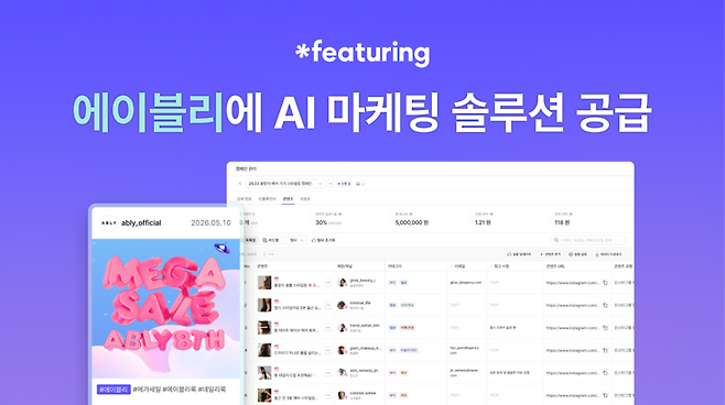 글로벌 SNS 데이터 분석 기업 피처링은 에이블리코퍼레이션이 운영하는 스타일커머스 플랫폼 에이블리에 AI 올인원 인플루언서 마케팅 솔루션 ‘피처링’을 공급했다. (이미지=피처링)