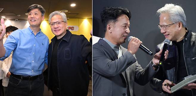 젠슨 황 엔비디아 최고경영자(CEO)와 7일 서울 강남구의 한 PC방에서 만난 장병규 크래프톤 의장(왼쪽)과 김택진 엔씨 대표(오른쪽) (연합뉴스)