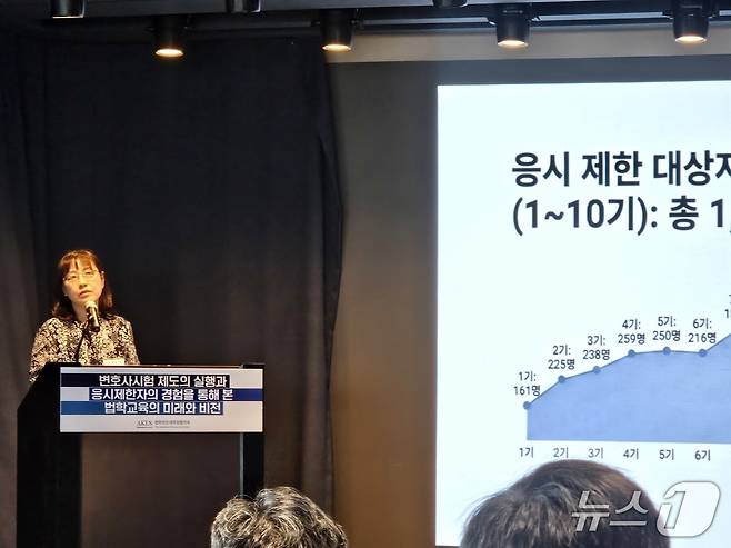 우지숙 서울대 행정대학원 교수가 9일 '변호사 시험 제도의 실행과 응시제한자의 경험을 통해 본 법학교육의 미래와 비전' 심포지엄에서 발표하고 있다.  2026.6.9 ⓒ 뉴스1 문혜원 기자