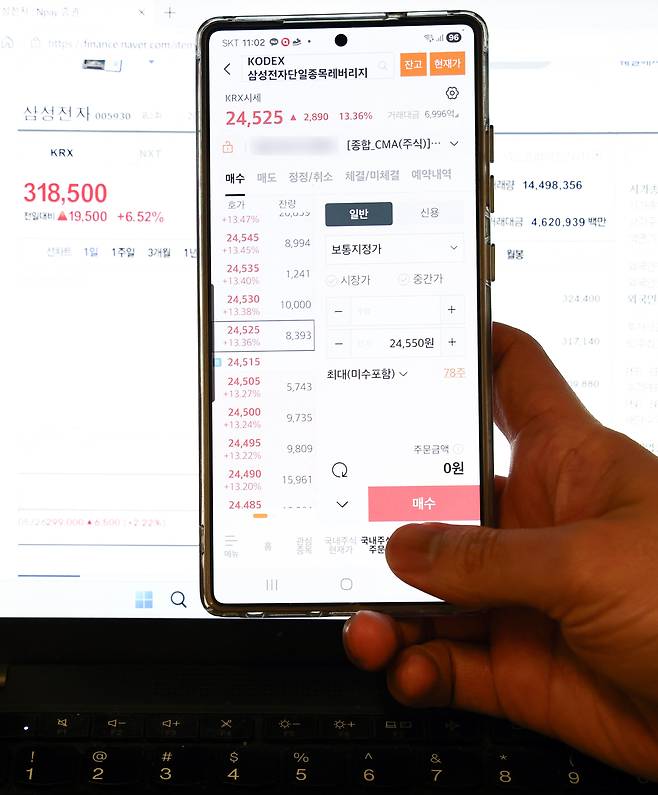 삼성전자와 SK하이닉스 단일종목 레버리지 상장지수펀드(ETF)가 출시된 지난달 27일 서울의 한 사무실에서 개인 투자자가 모바일트레이딩시스템(MTS)을 살펴보고 있다./뉴스1