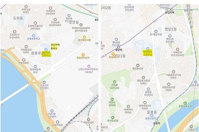 서울 용산구 성심여중·고(왼쪽), 성동구 무학여고 위치도. 네이버 지도 갈무리