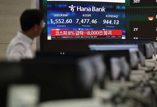 ▲ 급락장에 코스피 서킷 브레이커가 발동된 8일 서울 하나은행 본점 딜링룸에서 관계자가 관련 방송을 보고 있다. 2026.6.8 연합뉴스