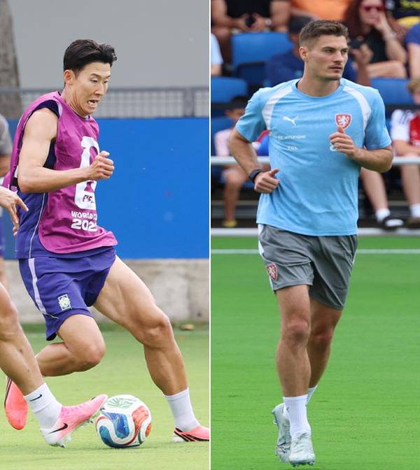 한국의 손흥민(왼쪽), 훈련 중인 체코의 파트리크 시크. 연합뉴스
