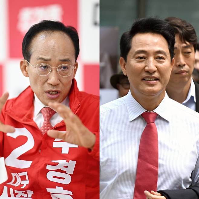 추경호 대구시장 당선인과 오세훈 서울시장 당선인. 윤웅 최현규 기자