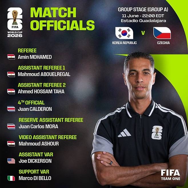 FIFA가 9일 발표한 북중미월드컵 한국-체코 경기 심판진.  FIFA X(옛 트위터)