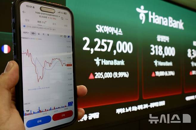 [서울=뉴시스] 김명년 기자 = 삼성전자와 SK하이닉스 단일종목 레버리지 상장지수펀드(ETF)가 지난달 27일 상장됐다. 이 상품은 삼성전자와 SK하이닉스 등락률을 각각 2배 추종한다. 투자자는 금융투자협회 금융투자교육원 홈페이지에 접속해 '한눈에 알아보는 레버리지 ETF 가이드 교육'을 이수한 뒤, 발급된 수료증 번호를 이용중인 증권사 앱에 등록해야 한다. 또 최소 조건인 기본예탁금 1000만원을 계좌에 예치해 예수금이나 주식 잔고 형태로 채워져 있어야 최종 매매가 가능하다. 사진은 이날 오전 거래되고 있는 해당 ETF 화면. 2026.05.27. kmn@newsis.com