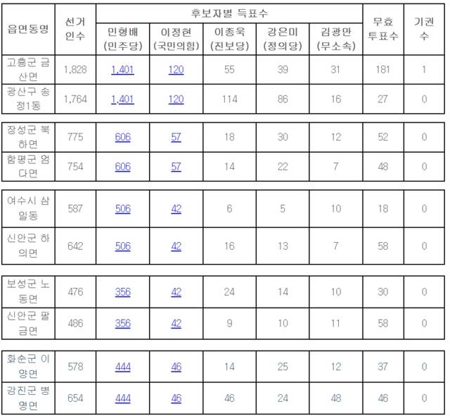 전남광주특별시 사전투표 득표 현황. 선거관리위원회