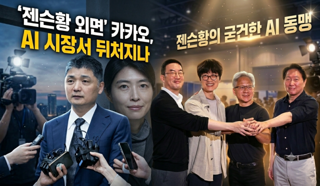 [(왼쪽부터) 김범수 카카오 의장, 정신아 카카오 대표이사, 구광모 LG 회장, 이해진 네이버 의장, 젠슨 황 엔비디아 CEO, 최태원 SK 회장 / 출처 = 각 기업, 연합뉴스, 자체 그래픽]