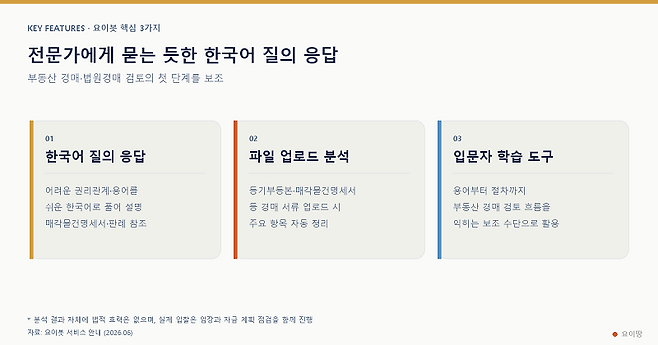 요이봇 핵심 3가지 — 한국어 질의 응답 / 파일 업로드 분석 / 입문자 학습 도구(요이봇 제공)