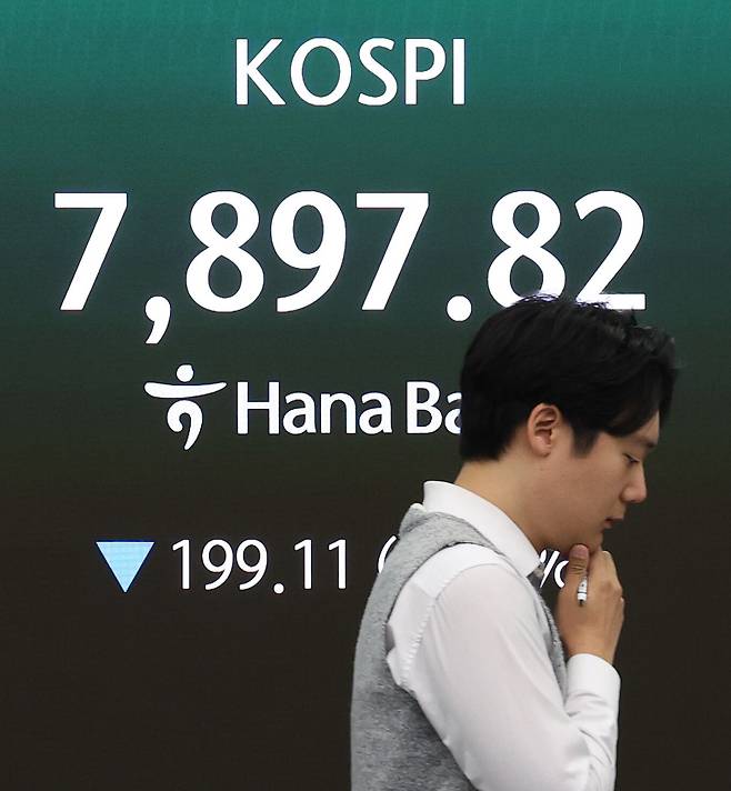 코스피가 장 초반 2%대 하락 출발한 10일 오전 서울 중구 하나은행 딜링룸 전광판에 코스피 시황이 표시되고 있다./뉴스1