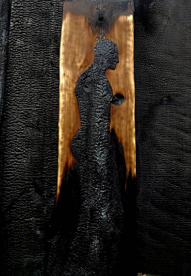 주명한, ‘불 속을 걷는 남자’, 삼나무(cedar), 213x53㎝, 2026.