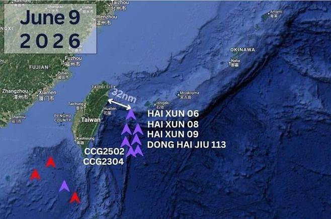 [서울=뉴시스] 우차오셰 대만 국가안전보장회의 사무총장이 9일 소셜미디어 X에 올린 대만 동쪽 해안에 나타난 중국 함정들의 위치를 나타낸 지도. 중국 해안경비대 함정(CCG) 2척과 해사안전국 순찰선(하이쉰) 3척, 구조선 1척(둥하이주) 등의 위치가 표시되어 있다.(출처: 자유시보) 2026.06.10. *재판매 및 DB 금지