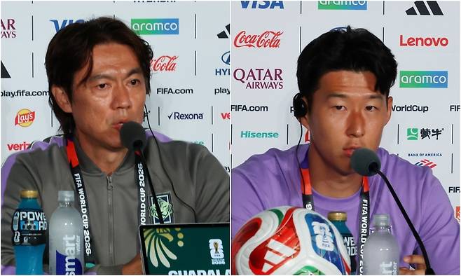 2026 북중미 월드컵에 출전한 한국축구국가대표팀의 홍명보(사진 왼쪽) 감독과 주장 손흥민이 체코와의 경기를 하루 앞둔 10일(현지시간) 멕시코 과달라하라 스타디움에서 열린 공식 기자회견에서 기자의 질문에 답변을 하고 있다. ,