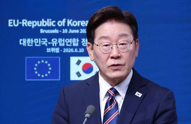 G7 정상회의 참석 계기 벨기에를 방문 중인 이재명 대통령이 10일(현지 시간) 브뤼셀 유럽 연합(EU) 이사회에서 한-EU 공동언론발표를 하고 있다. ⓒ뉴시스